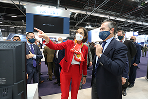 The Minister of Industry, Reyes Maroto visits Indra's stand during FEINDEF, where she was received by Ignacio Mataix, CEO of Indra