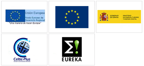 Banderas Unión europea, logos de Eureka, Celtic-plus, ministerio de energía, turismo y agenda digital